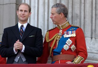 Prince Charles, Colonel, Welsh Guards, And His Brother Prince Edward, Earl Of Wessex Talking On The Balcony Of Buckingham Palace