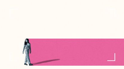 Graphic to represent how to deal with loneliness with woman walking alone along pink road