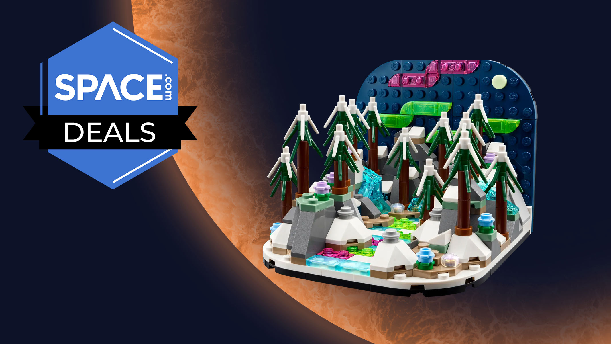 A brick-built depiction of a wintry landscape with snowy trees and running water shows the Northern Lights, all on an orange planet background.
