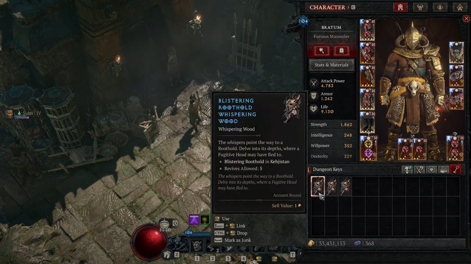 Diablo 4 inventory shown and player opening a Sigil