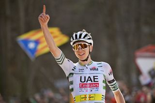 QUERALT SPAIN MARCH 23 Tadej Pogacar of Slovenia and UAE Emirates Team Green Leader Jersey celebrates at finish line as stage winner during the 103rd Volta Ciclista a Catalunya 2024 Stage 6 a 1547km stage from Berga to Queralt 1119m UCIWT on March 23 2024 in Queralt Spain Photo by David RamosGetty Images