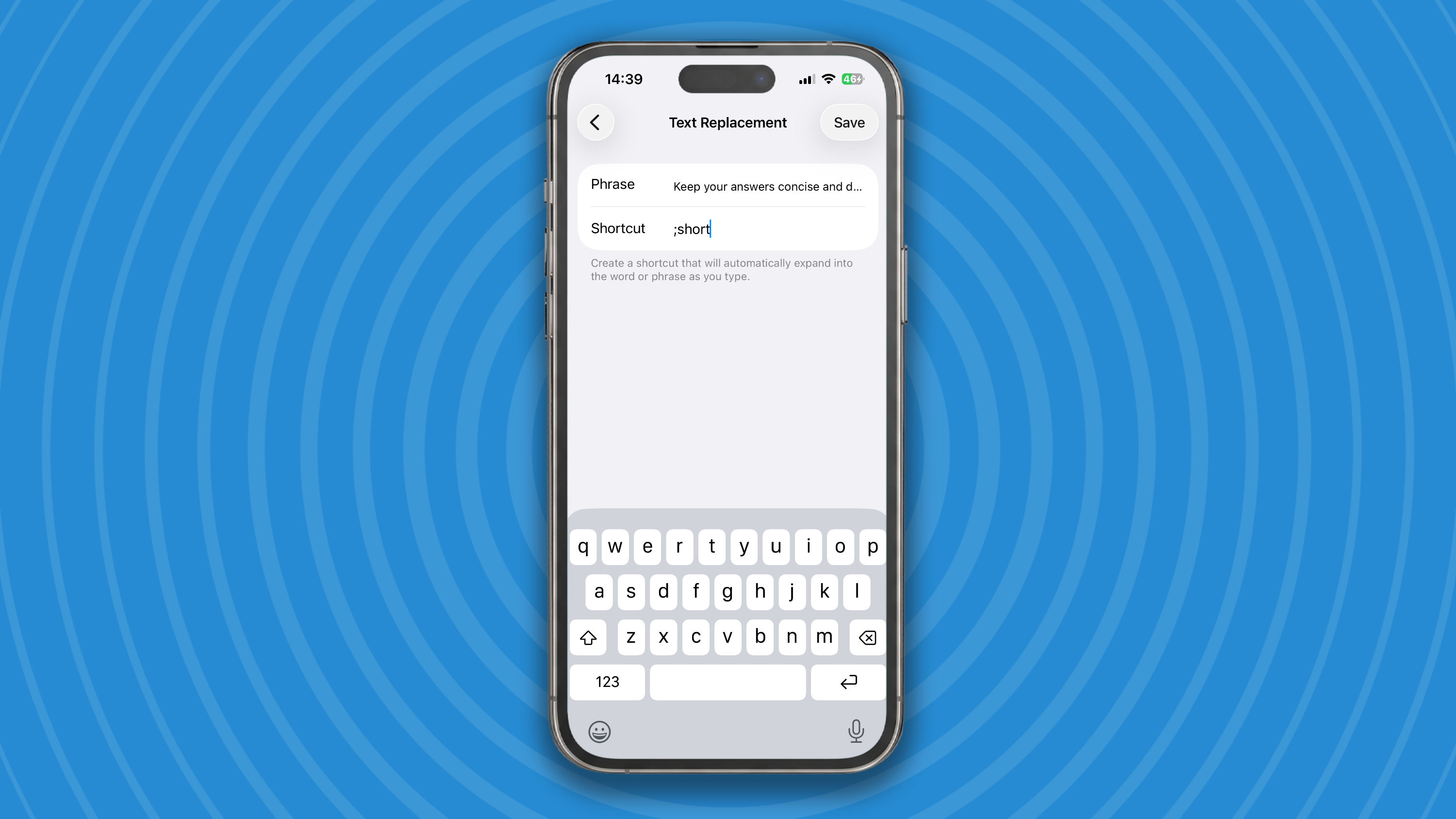 iPhone screenshot of Text Replacement