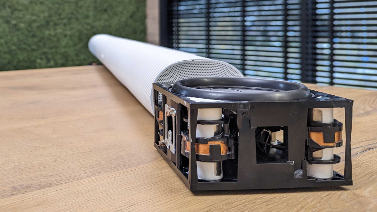 The original T3 Sound Motion driver in front of a Sonos Arc, which it&#039;s considerably larger than