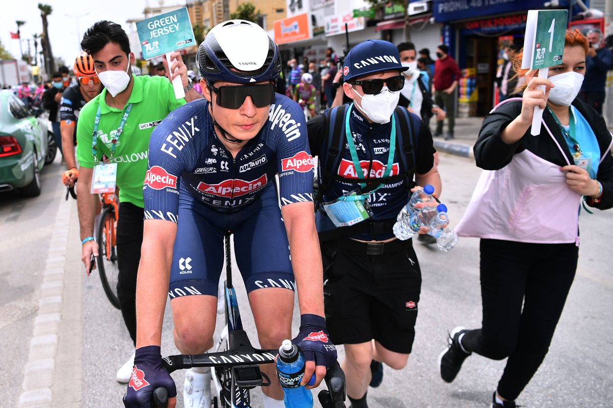 TURGUTREIS TURKEY APRIL 17 Jasper Philipsen of Belgium and Team AlpecinFenix celebrates during 56th Presidential Cycling Tour Of Turkey 2021 Stage 7 a 180km stage from Marmaris to Turgutreis TUR2021 tourofturkeyTUR on April 17 2021 in Turgutreis Turkey Photo by Stuart FranklinGetty Images