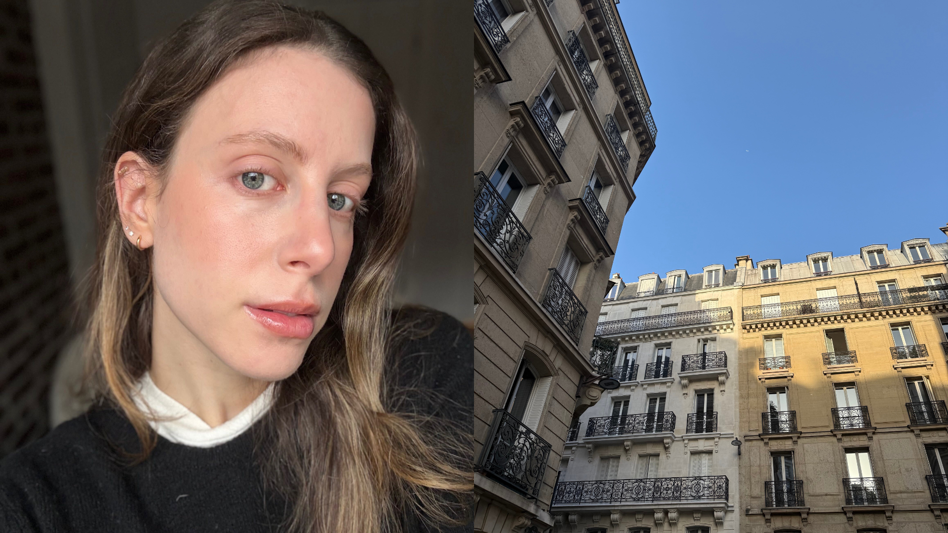 Jamie Schneider wearing Embryolisse's mocha color balm next to a photo of a French building