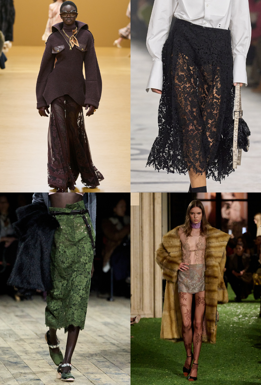 Four autumn skirt trends all featuring full lace including a brown lace maxi skirt, black maxi skirt, green lace maxi skirt and a mini green lace skirt