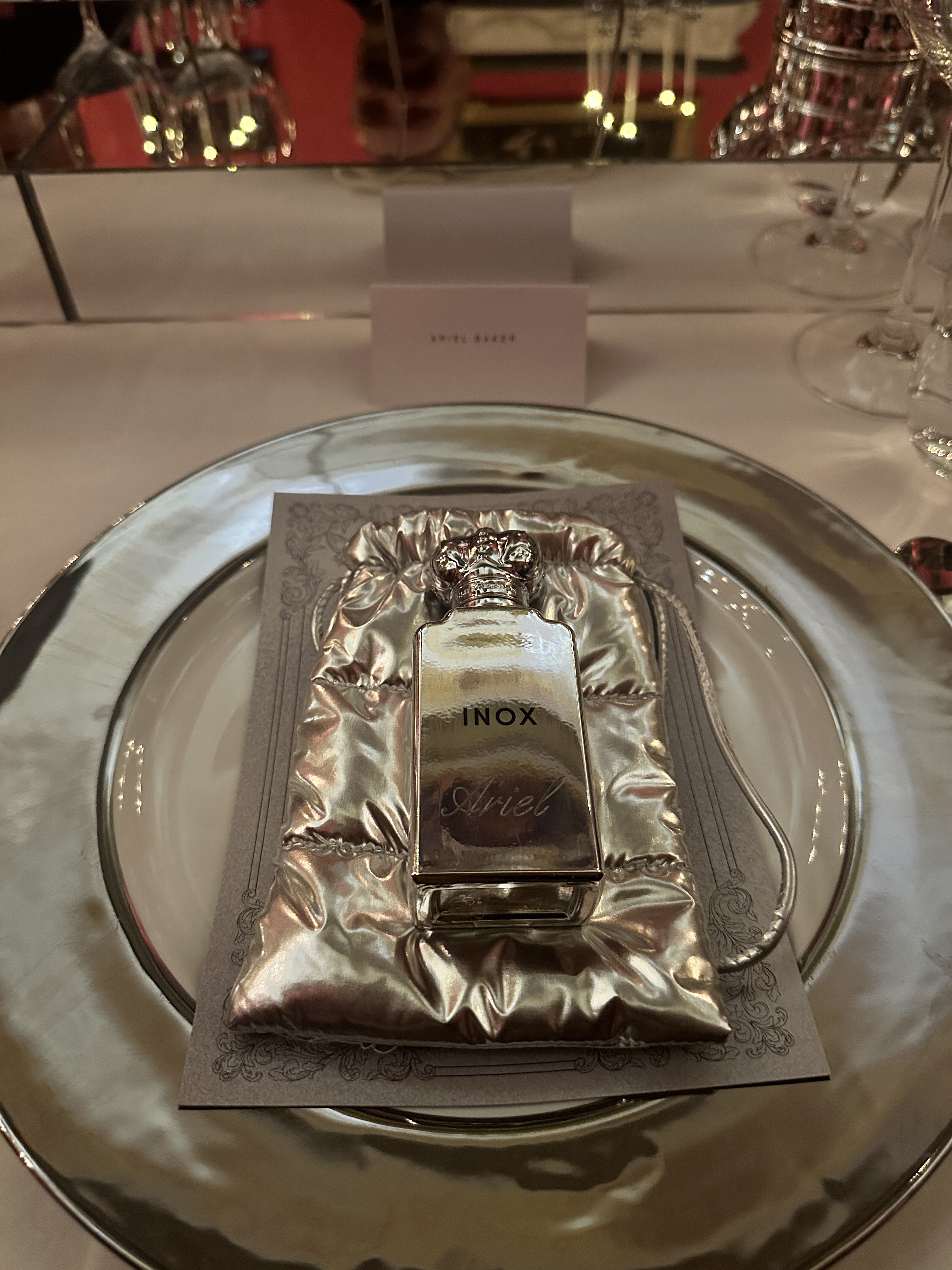 A picture of Inox perfume by Clive Christian and the launch dinner in Kensington Palace.