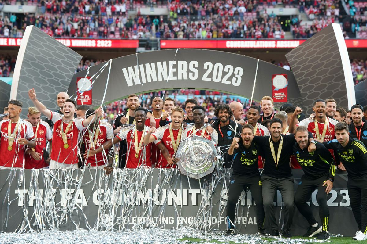 Arsenal players celebrate after winning the 2023 Community Shield against Manchester City at Wembley Stadium