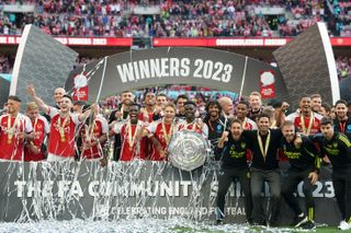 Arsenal players celebrate after winning the 2023 Community Shield against Manchester City at Wembley Stadium