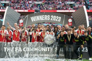 Arsenal players celebrate after winning the 2023 Community Shield