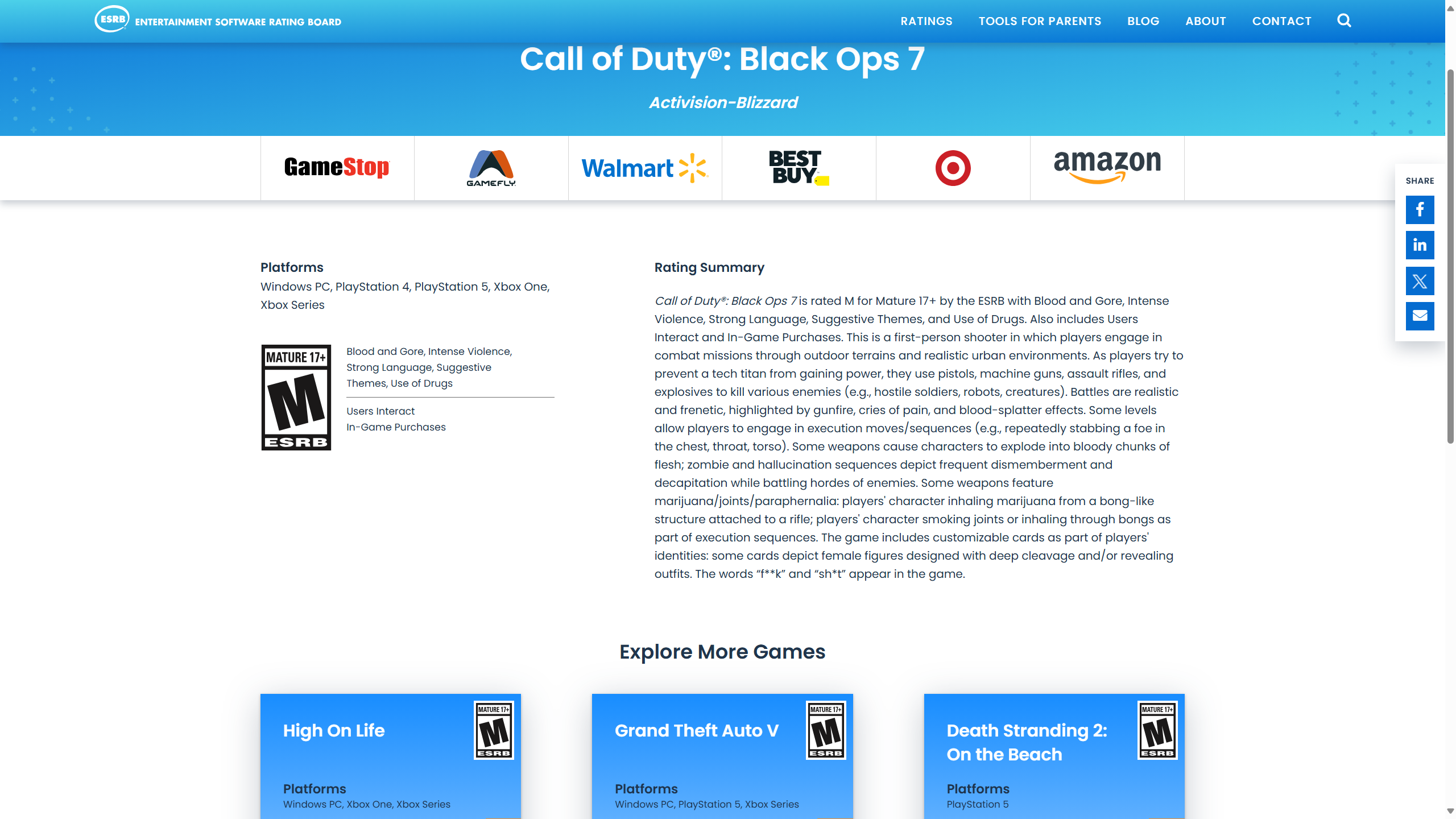 The ESRB rated Call of Duty: Black Ops 7 M for Mature.