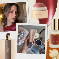 A collage of Merit Beauty products scattered around selfies of Who What Wear senior beauty editor Jamie Schneider wearing a full face of Merit products.