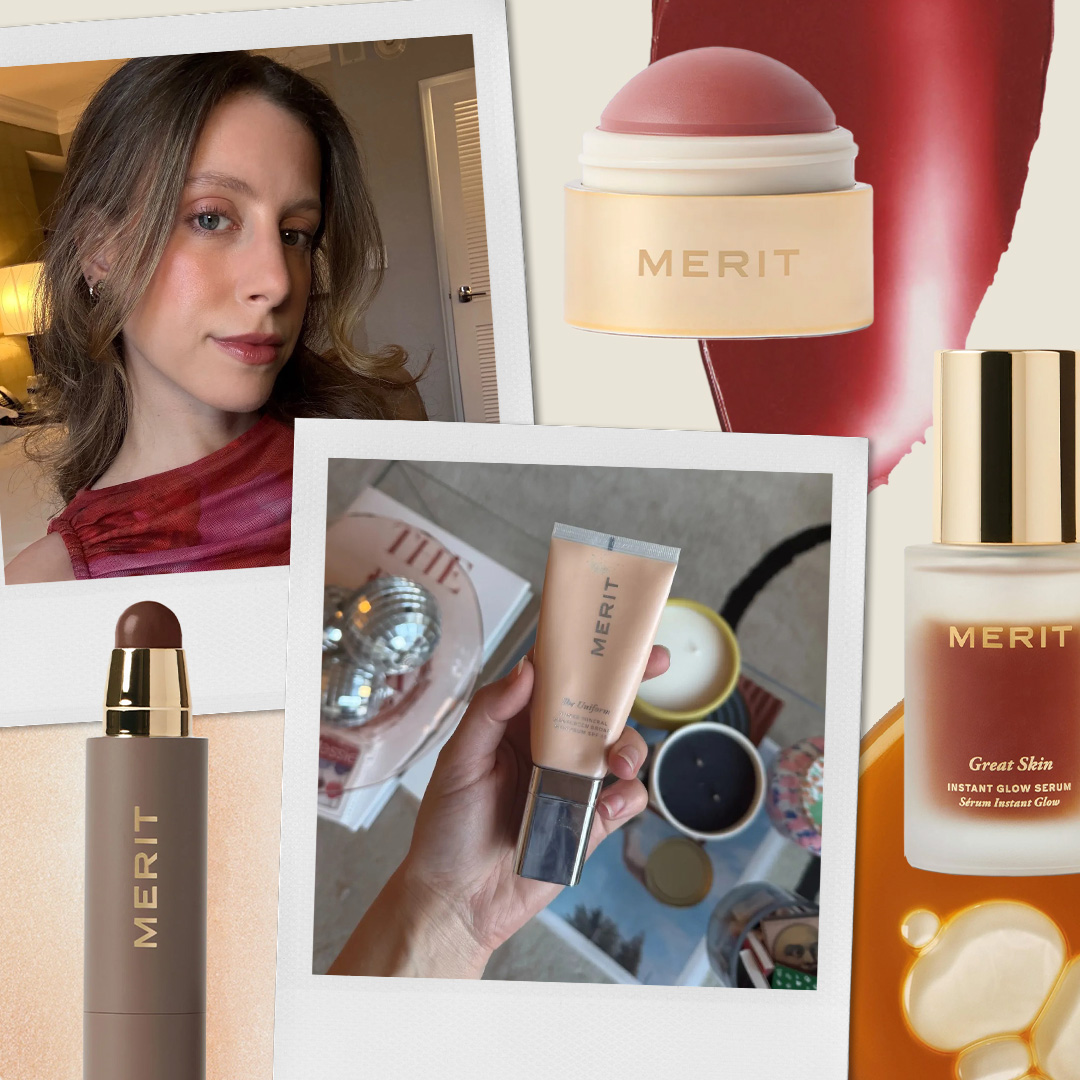 A collage of Merit Beauty products scattered around selfies of Who What Wear senior beauty editor Jamie Schneider wearing a full face of Merit products.