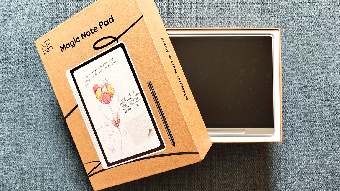 XPPen Magic Note Pad review; a box and tablet on a chair