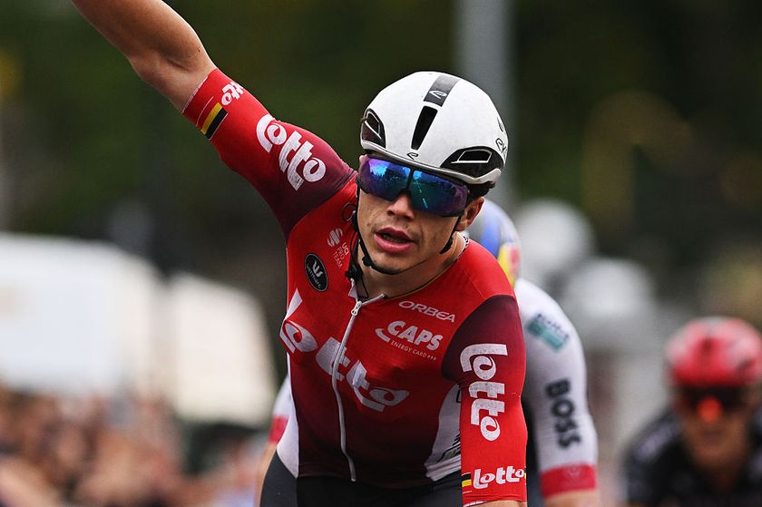 BRAKEL, BELGIUM - SEPTEMBER 20: Arnaud De Lie of Belgium and Team Lotto celebrates at finish line as race winner during the 15th SUPER 8 Classic 2025 a 200.7km One day race from Brakel to Haacht on September 20, 2025 in Brakel, Belgium. (Photo by Luc Claessen/Getty Images)