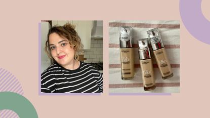 A side by side shot of our beauty editor and bottles of L&#039;Oreal True Match Foundation review