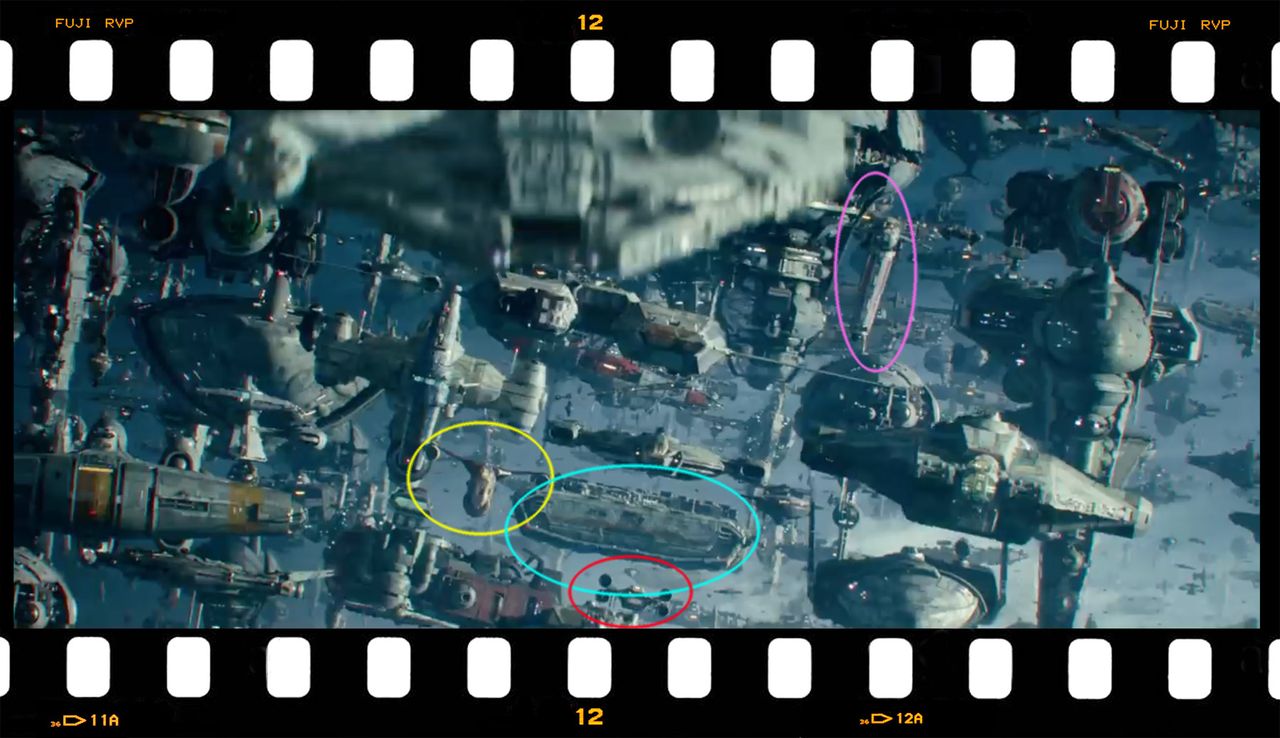 This screenshot from the final trailer for "Star Wars: The Rise of Skywalker" shows a Starfortress bomber (pink), the Eravana, Han's freighter from "The Force Awakens" (brown), an Auzituck anti-slaver gunship from "Star Wars Rebels" (green) and a U-wing from "Rogue One" (dark red).
