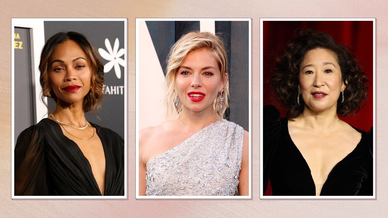 Collage of Zoe Saldana, Sienna Miller and Sandra Oh wearing bold lipsticks and no eyeshadow, on a pink watercolour background