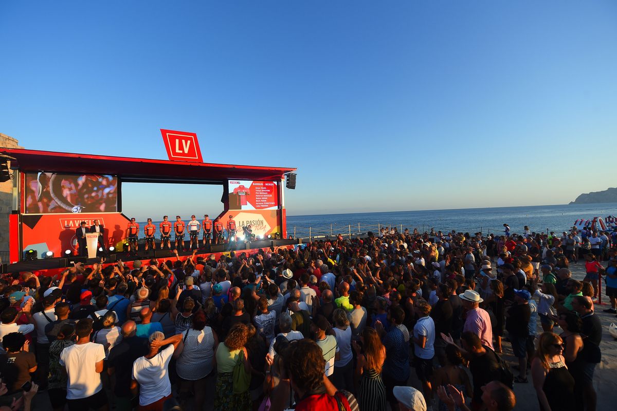 Bahrain-Merida on stage as the sun sets