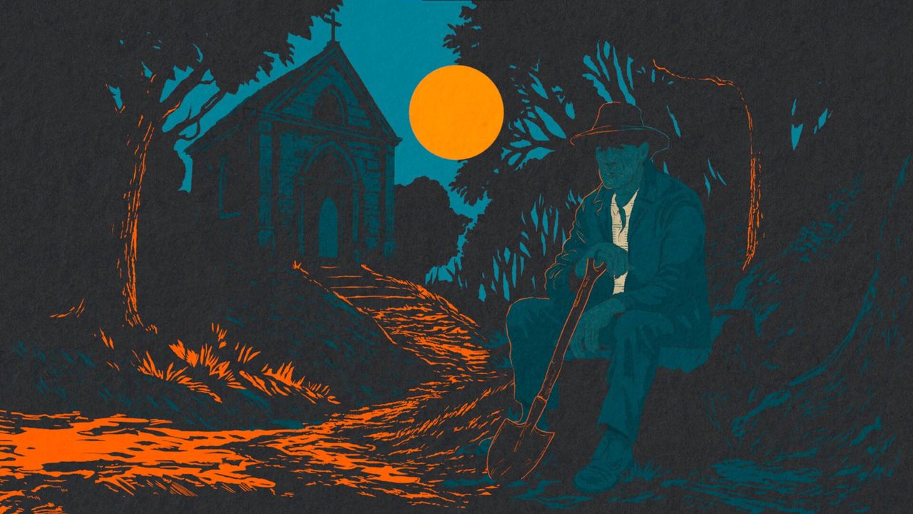 Hand-drawn game art in orange and teal colours for the upcoming video game I Shall Name the Dead
