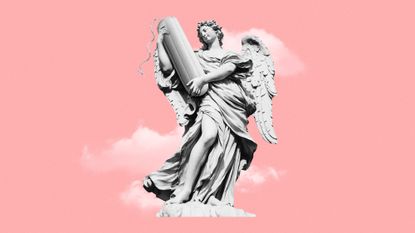 Illustration of an angel statue holding an oversized tampon