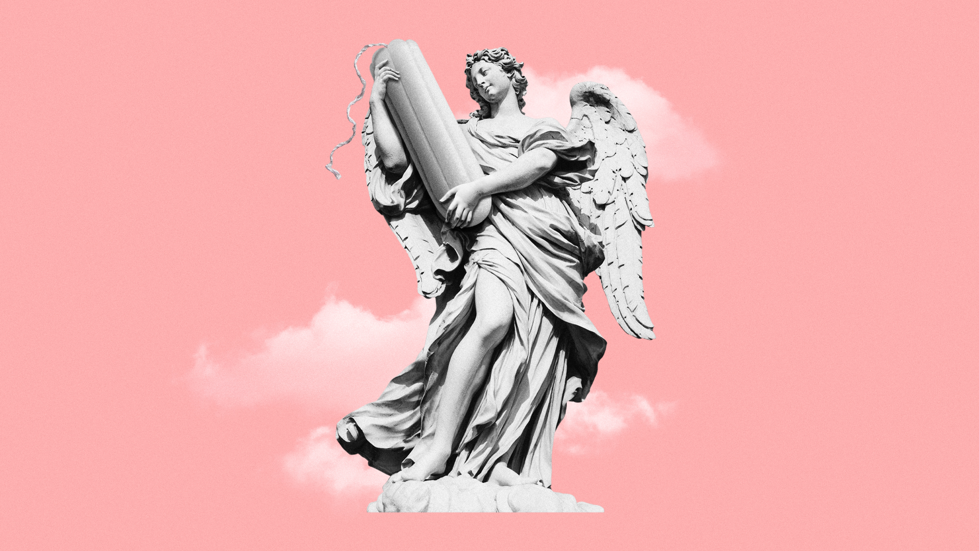 Illustration of an angel statue holding an oversized tampon
