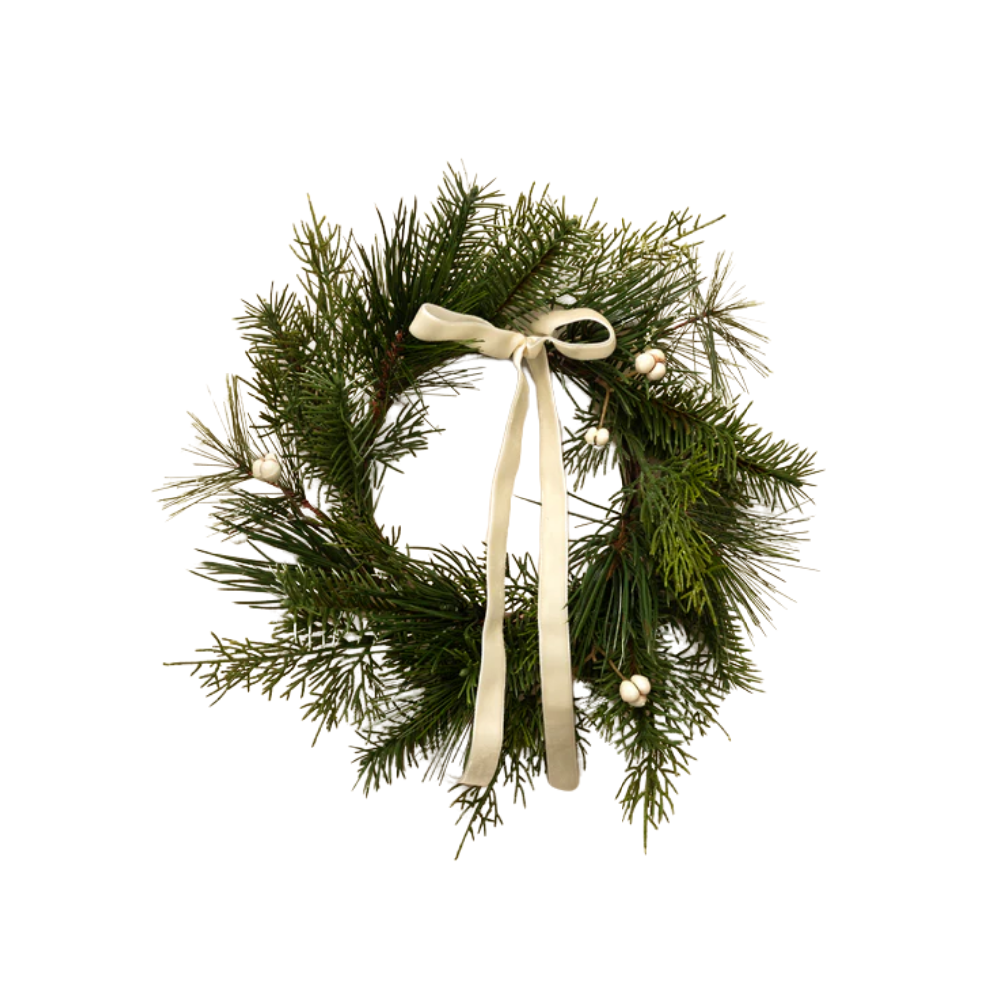 a decorative wreath with white ribbon