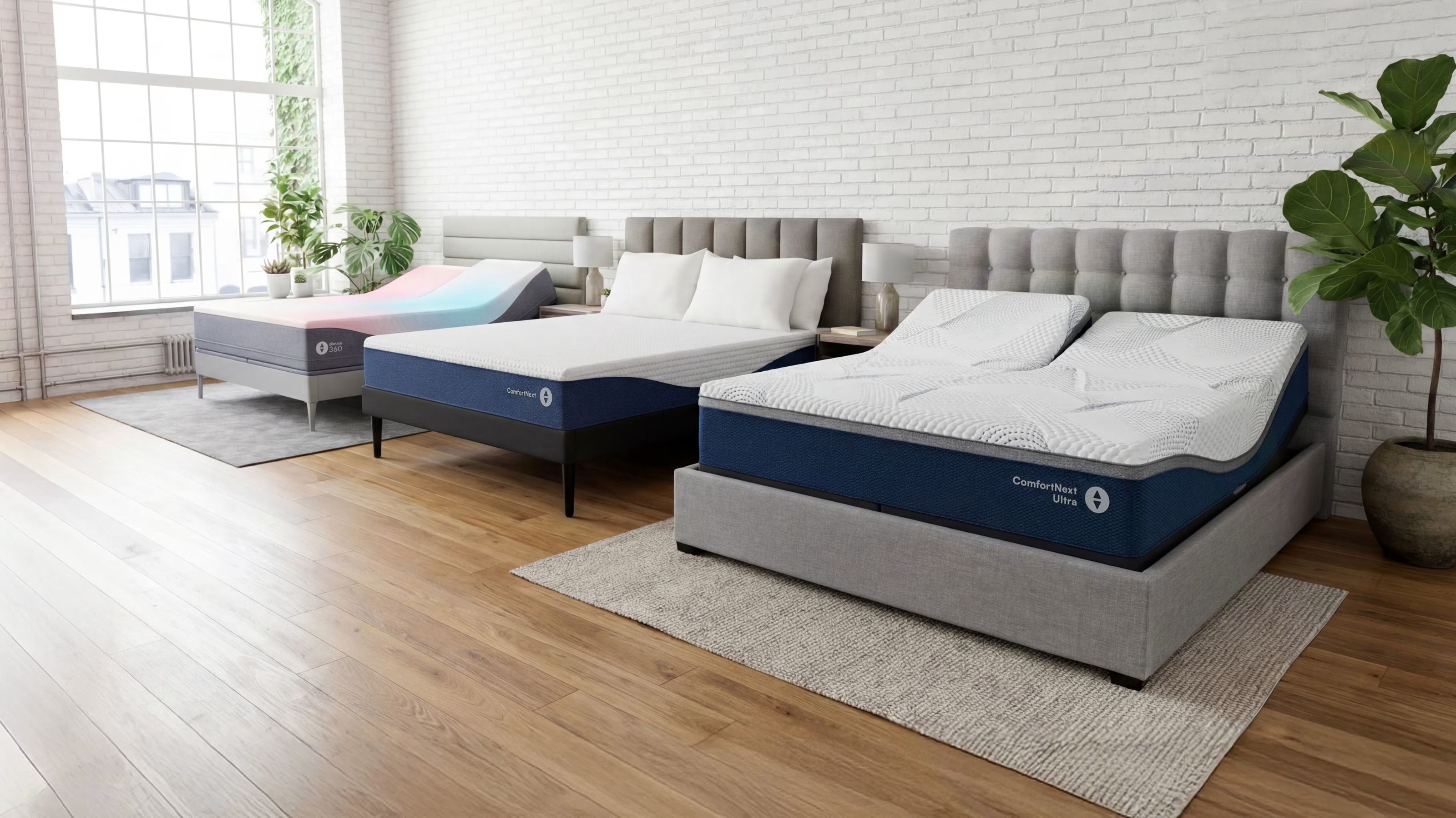 Sleep Number mattresses in white bedroom with exposed wood walls and light wood flooring, houseplants, and a large window