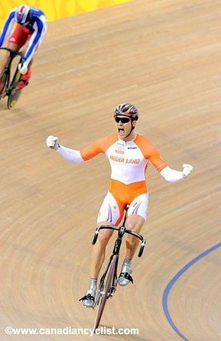 I'm the Bos: Theo Bos (Netherlands) reacts to beating France's Kevin Sireau during the 1/8 finals of the men's sprint at the 2008 Olympic Games.