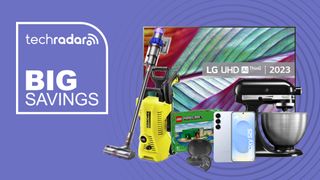 Collage of tech from the Argos Summer Sale, including at LG TV, Karcher pressure washer, Dyson vacuum, Samsung S25, KitchenAid mixer and Minecraft Lego
