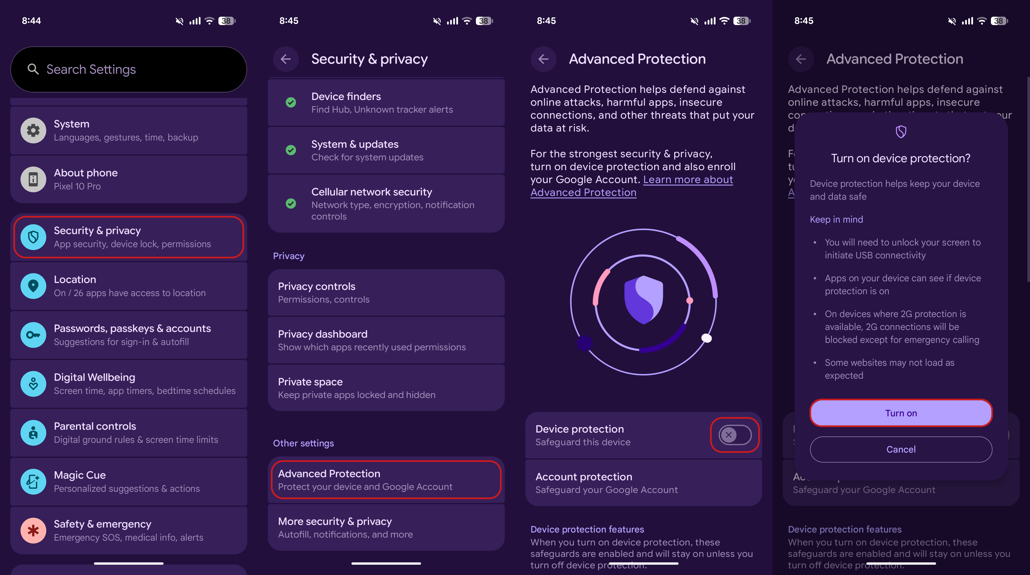 Setup process of Advanced Protection Mode on an Android phone