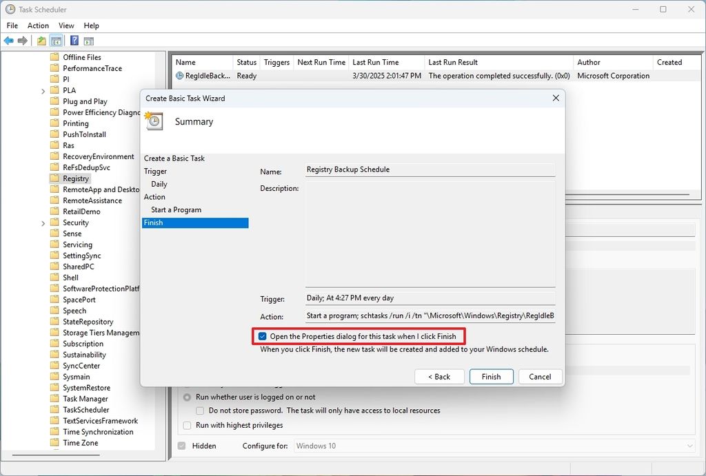 Open the Properties dialog for this task when I click Finish