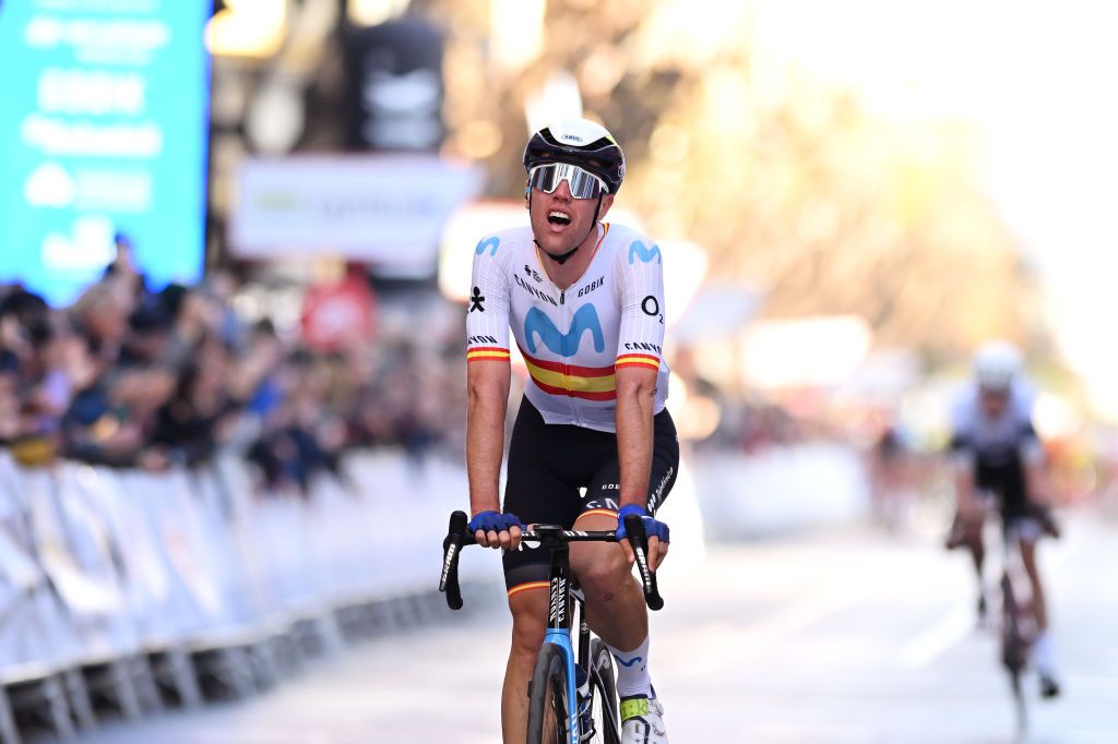CASTELLON SPAIN JANUARY 31 Oier Lazkano of Spain and Movistar Team crosses the finish line on third place during 75th Volta a la Comunitat Valenciana 2024 Stage 1 a 167km stage from Benicassim to Castellon de la Plana on January 31 2024 in Castellon Spain Photo by Dario BelingheriGetty Images