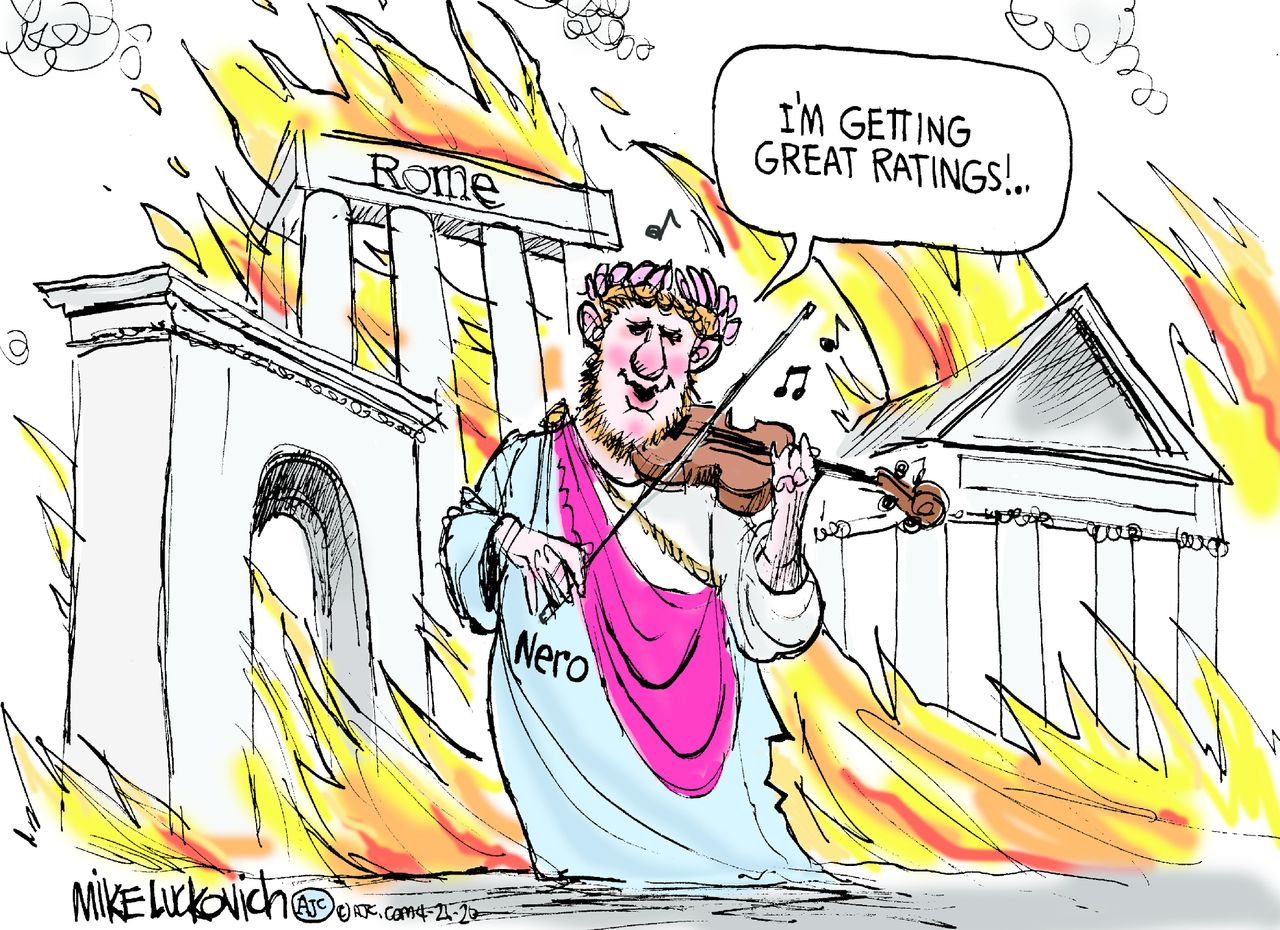 Political Cartoon U.S. Trump Nero fiddling great ratings coronavirus