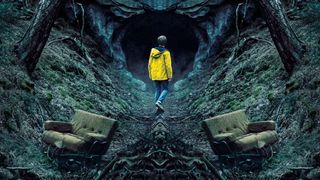 Key art for Dark season 2. The picture shows a boy wearing a yellow jacket looking into a cave.