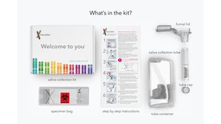 Here’s everything that comes in the 23andMe DNA testing kit. See that funnel? That’s where your saliva sample goes.