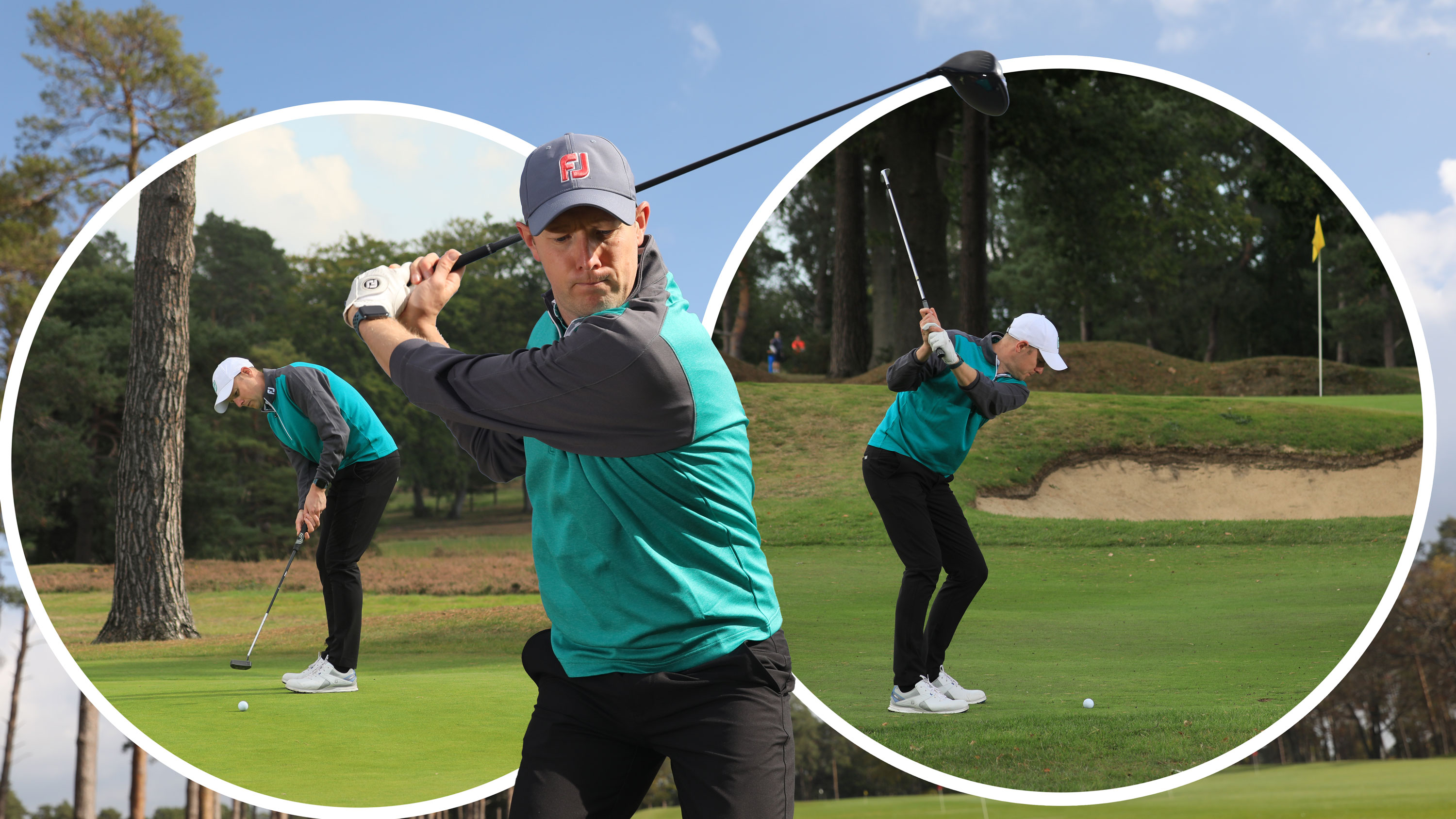 Neil Tappin at the top of backswing with driver, with inset images of Neil Tappin hitting a pitch shot and a hitting a putt