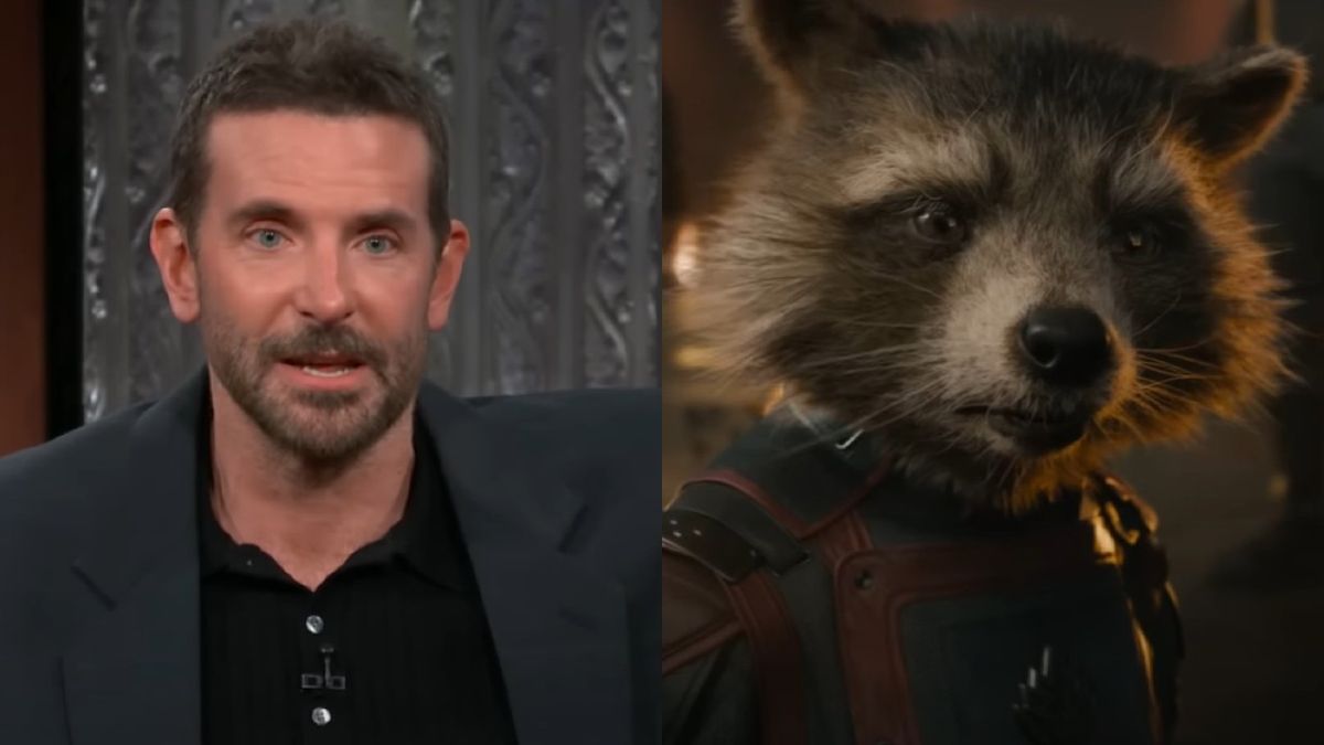 From left to right: screenshots of Bradley Cooper on The Late Show with Stephen Colbert and Rocket in the trailer for Guardians of the Galaxy Vol. 3. 