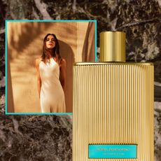 victoria beckham next to her new hotel portofino extrait on a brown marble background