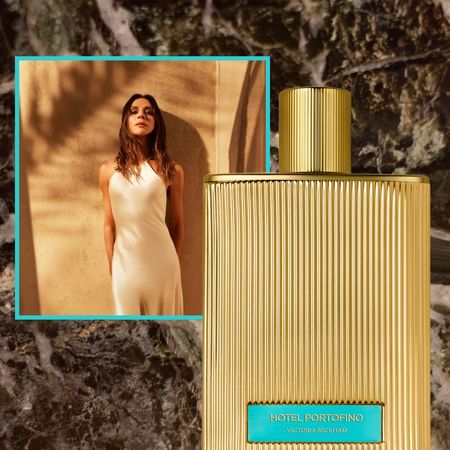 victoria beckham next to her new hotel portofino extrait on a brown marble background