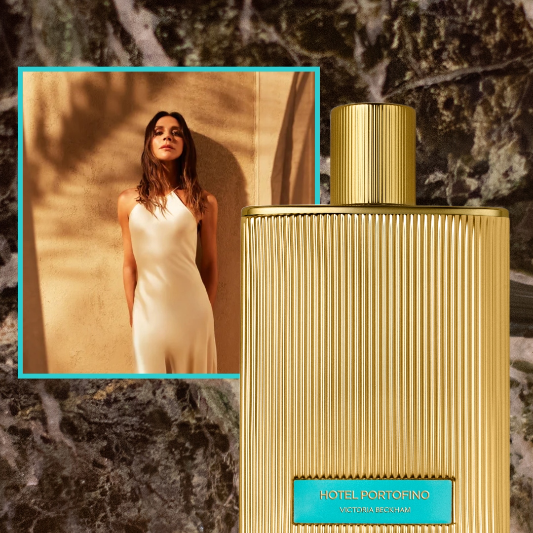 victoria beckham next to her new hotel portofino extrait on a brown marble background