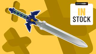 The Hasbro Legend of Zelda Master Sword on a yellow background with a GamesRadar+ 'in stock' badge in the top right-hand corner of the frame