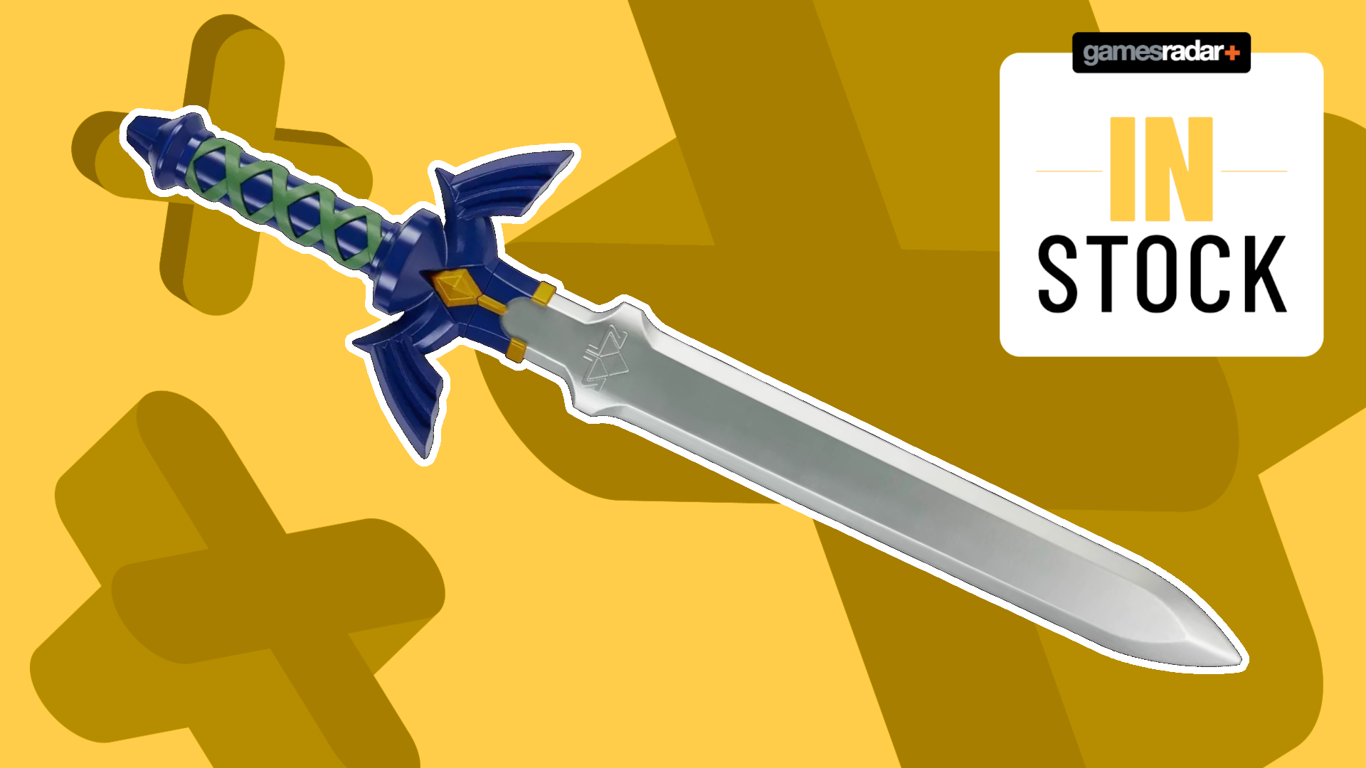 The Hasbro Legend of Zelda Master Sword on a yellow background with a GamesRadar+ 'in stock' badge in the top right-hand corner of the frame