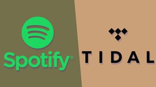 The Spotify and Tidal music streaming service logos on brown backgrounds