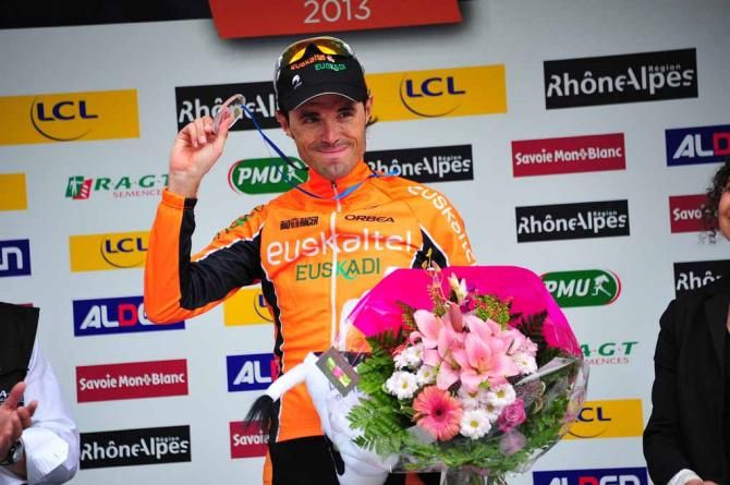 Samuel Sanchez (Euskaltel-Euskadi) celebrates stage victory at the Criterium du Dauphine.