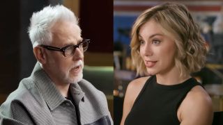 James Gunn in a grey jacket talking behind the scenes on Superman (2025), Jennifer Holland in a black tank top and short cropped blond hair talking the opening dance sequence of Peacemaker season 1.