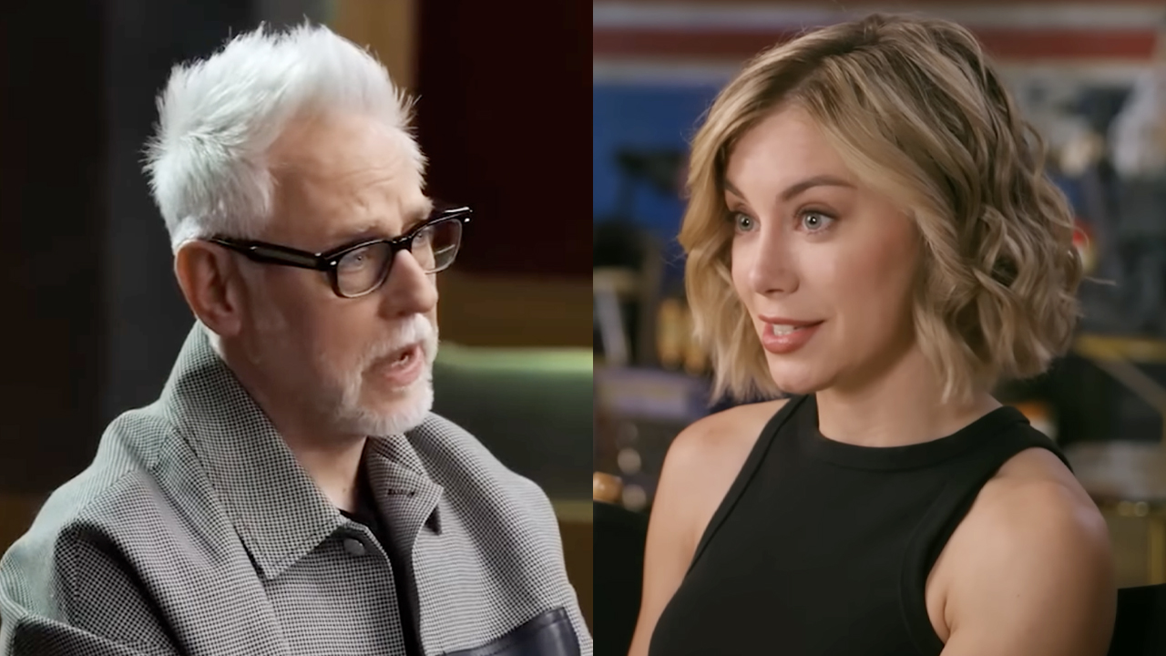 James Gunn in a grey jacket talking behind the scenes on Superman (2025), Jennifer Holland in a black tank top and short cropped blond hair talking the opening dance sequence of Peacemaker season 1. 
