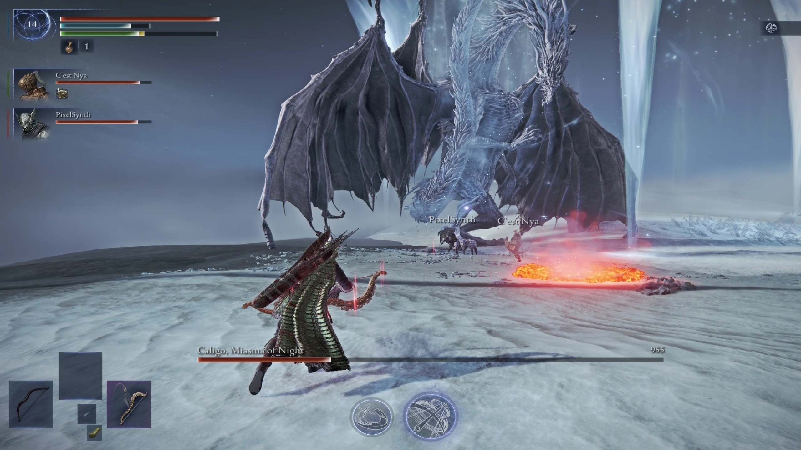 Elodon Rang Knight Tree Caligo Boss Guide: Iron is running towards Caligo as he has accused the tail waste attack while damaging by the fire.