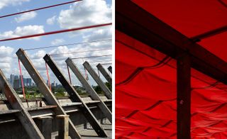 Left: wooden struts anchoring the red cables for the canopy. Right: the red canopy