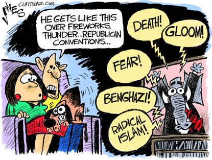 Political cartoon U.S. Dog afraid of convention